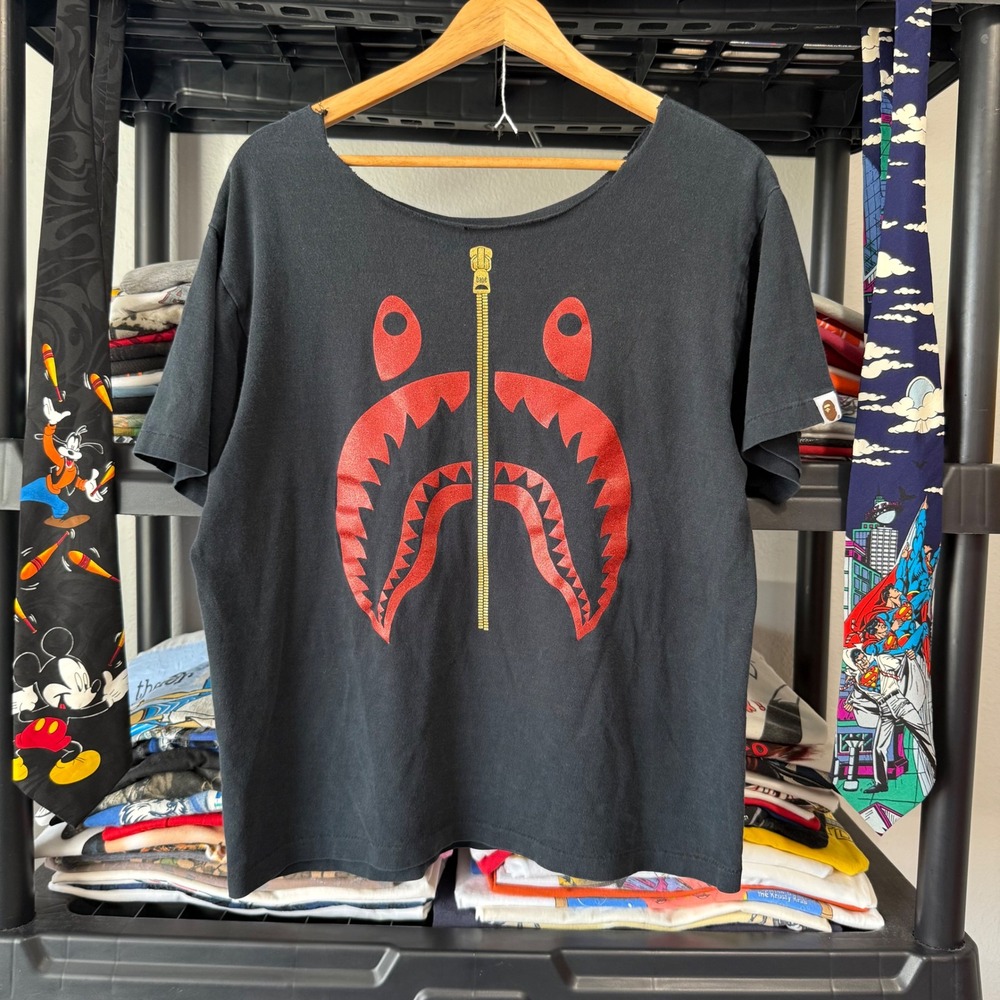 Vintage Black Bape Shark Graphic T-Shirt Medium Light Marks Cut Neckline